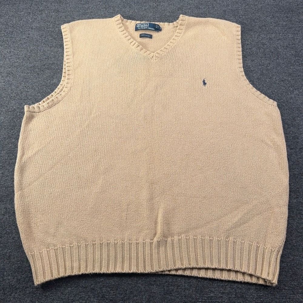 Polo Ralph‎ Lauren Mens XXL Tan Beige 100% Cotton V-Neck Sweater Vest Pony Logo